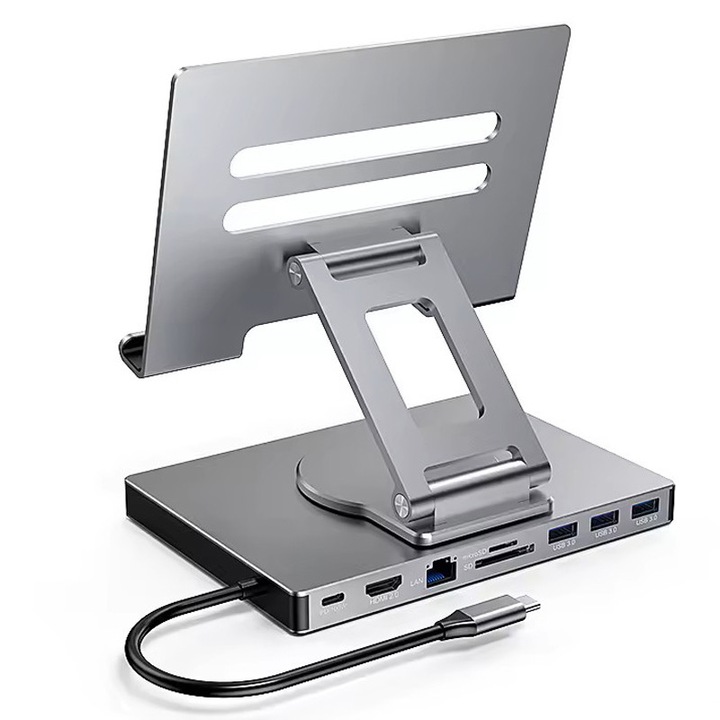 USB-C 9 в 1 докинг станция, Hesasa®, С ергономична поставка за лаптоп, преносима, регулируема, за лаптоп и таблет, с въртяща се на 360° основа, 4K HDMI порт, 60HZ HD, USB 3.0, SD/TF, сребриста