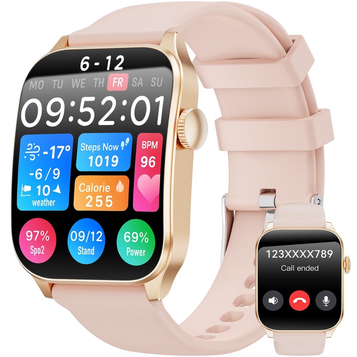 Ceas Smartwatch, Hwagol, T1, Apel Bluetooth,1.91 inch, monitorizare a sanatatii, ritm cardiac, tensiune arteriala, oxigen sanguin, setari multilingve, notificari de mesaje, asistent vocal, IP67 impermeabil, moduri multiple de exercitii, roz