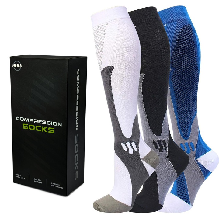 Set 3 perchi sosete compresive, HEILU, plin de elasticitate, respirabil, favorizeaza circulatia sangelui, amelioreaza oboseala, 20-30 mmhg, Barbati, Femei, Multicolor, L-XL, 39-42