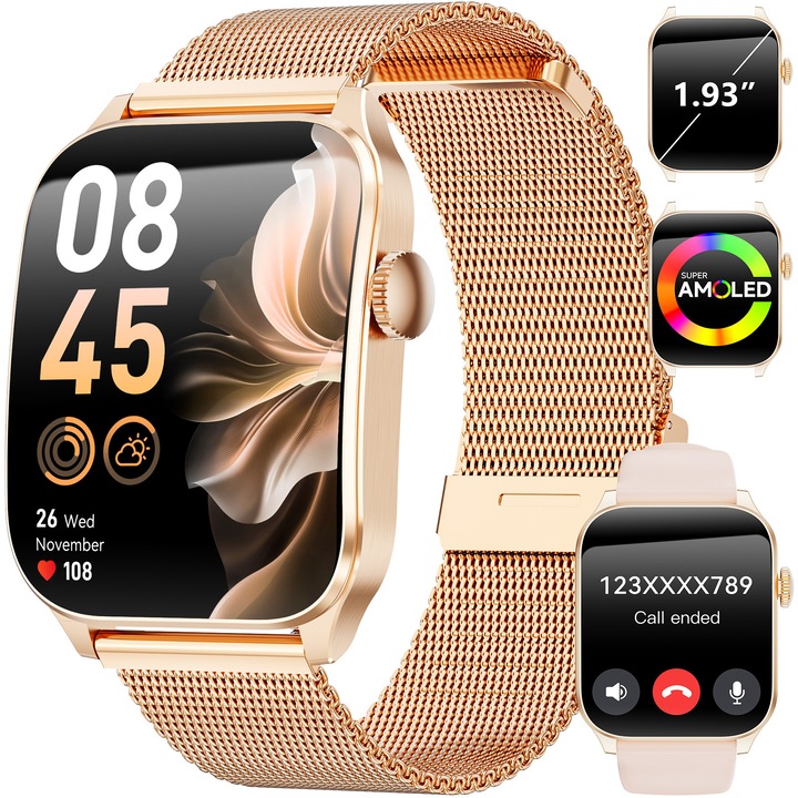 Ceas Smartwatch, Hwagol, T2, ecran Amoled, apel Bluetooth, 1.93 inch, monitorizare a sanatatii, ritm cardiac, tensiune arteriala, oxigen sanguin, setari multilingve, asistent vocal, IP67 impermeabil, tracker fitness, tracker de exercitii, roz