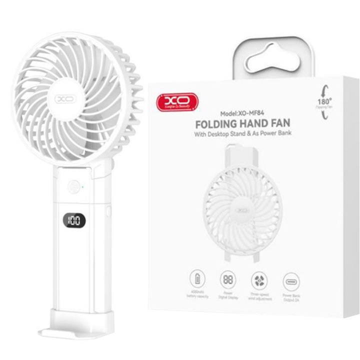 Сгъваем вентилатор XO-MF84, за офис, 3 скорости, 4000mAh, бял
