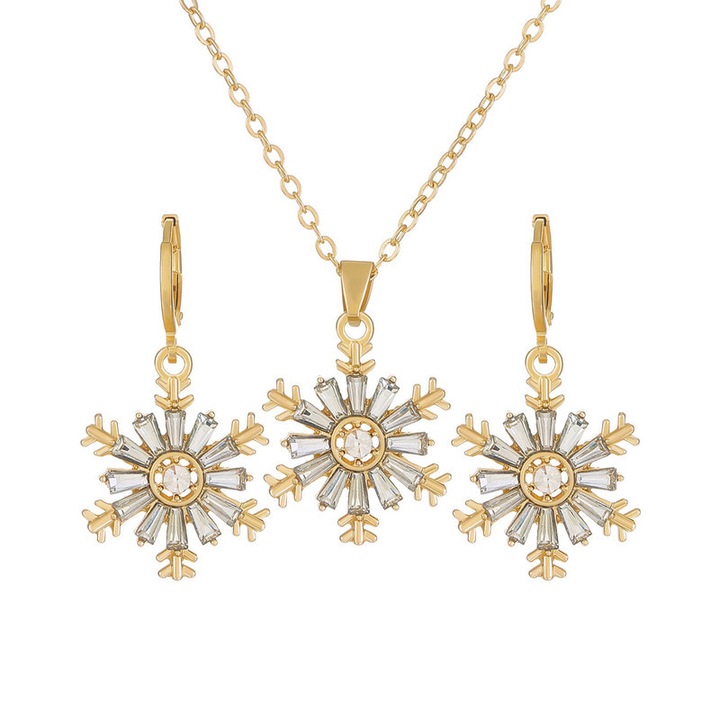 Set bijuterii dama, design fulg de nea, cu zirconii cubice, argintiu, cercei si colier