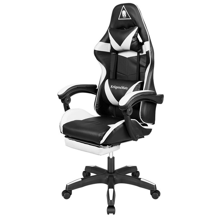 Scaun gaming, Negru/Alb, max 150 kg, 2 x perne, 5 roti, Spatar reglabil 145°, Inaltime reglabila sezut 42-52 cm
