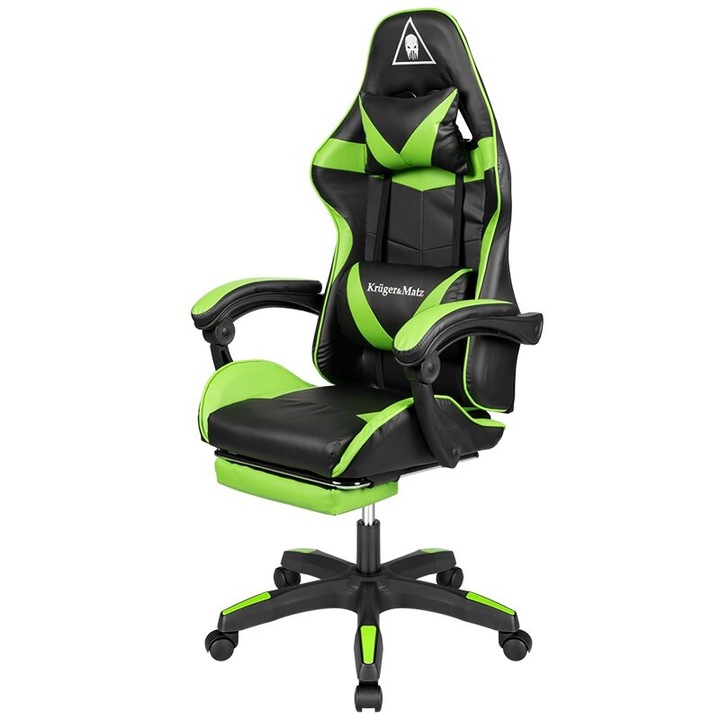 Gamer szék, fekete/zöld, max. 150 kg, 2 db ülőpárna, 5 kerék, 145°-ban állítható háttámla, állítható ülésmagasság 42-52 cm