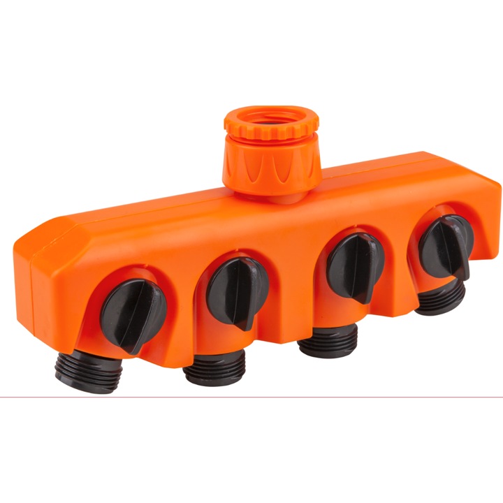 ETS 4-utas tömlőelosztó, Az EvoTools ABS-ből készült, lehetővé téve 4 db 3/4" átmérőjű tömlő csatlakoztatását.