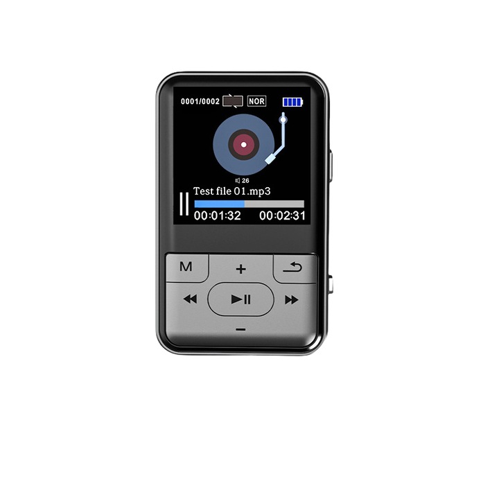 MP3 lejátszó, 32 GB, Bluetooth, FM rádió, felvételi funkció, 3,5 mm-es audio interfész, 1,5 hüvelykes TFT képernyő, kompakt és hordozható, fekete