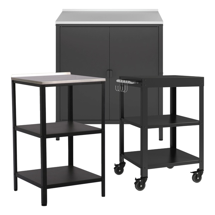 Set raft, dulap, carucior servire la masa in gradina, casa.pro, Bolognano 92 x 50 x 50 cm, otel, negru