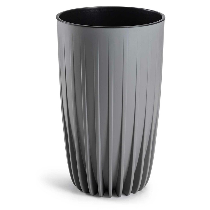 Vaza inalta, Stripped, Gri, 25, 3 cm x 42 cm, Plastic, Capacitate 9, 5 l, Cu orificii de drenaj, Rezistenta la uv, Pentru interior si gradina