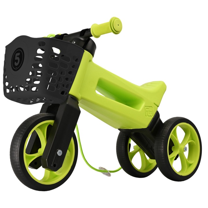 Bicicleta fara pedale cu cosulet pentru ghidon, 2 in 1, 18+ luni, pneuri si manere de cauciuc, 4 nivele de reglaj pe inaltime, Funny Wheels Rider SuperSport Lime/Black