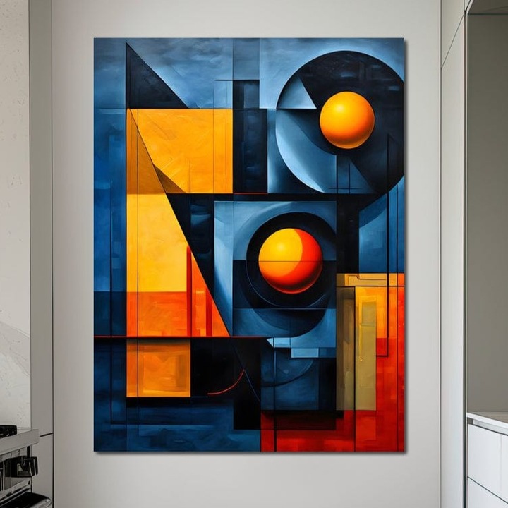 Премиум картина върху платно, LuxCanva® J1013, Фрагменти от слънцето, 100 X 135 см, 100% памучно платно 400 г/м2, дървена рамка, Архитектура, Форми, Геометрия, Светлини, Сенки, Слънце, Система, Поток, Фрагменти, Кубизъм, Хол, Спалня