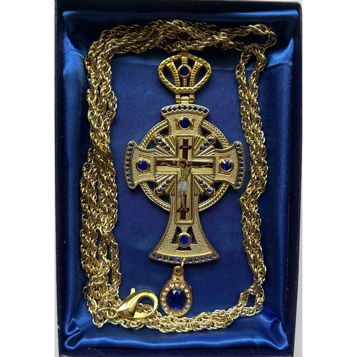 Cruce pectorala Ortodox art aurita cu pietricele albastre