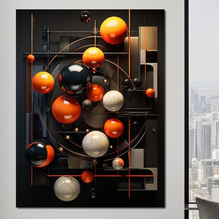Картина върху платно, LuxCanva® J1012, Разширяваща се Вселена, 90 X 120 см, 100% памучно платно 400 г/м2, дървена рамка, орбити, баланс, кодиране, гравитация, абстракт, планети, вселена, космос, слънце, футуризъм, хол, спалня