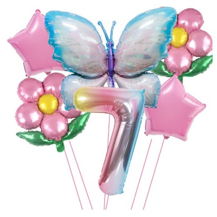Set baloane aniversare cu numere, din folie de aluminiu, 6 piese, 2 flori, 2 stelute, 1 fluture, 1 cifra, Multicolor, Cifra 7