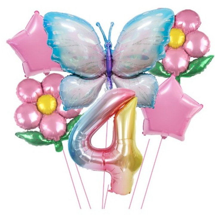 Set baloane aniversare cu numere, folie de aluminiu, 6 piese, 2xFlori, 2xStelute, 1xFluture, 1xcifra, multicolor, cifra 4