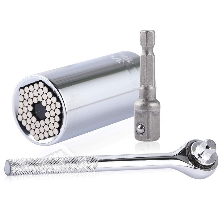 Set 3 Cheie Tubulare, Zggzerg, 7-19mm tubulare universale, Cu adaptor de 3/8 ", Reglare automata, Puternic si durabil, Pentru burghiu electric, regularitate sau neregularitate surub, Otel crom vanadiu, 53 x 26mm, Argint