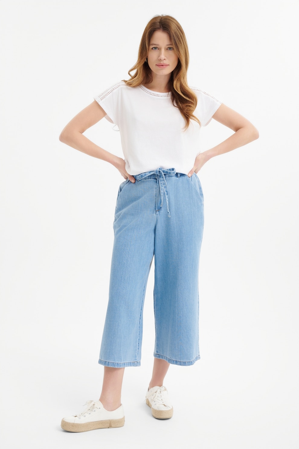 GreenPoint, Pantaloni capri cu croiala ampla, Albastru pastel, 34
