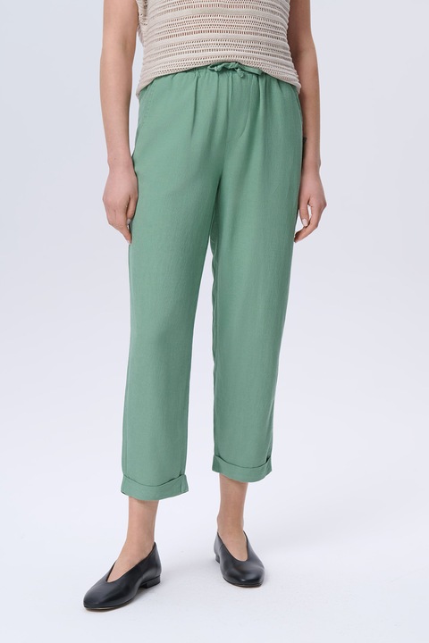 GreenPoint, Pantaloni crop din amestec de in cu snur, Verde aquamarin