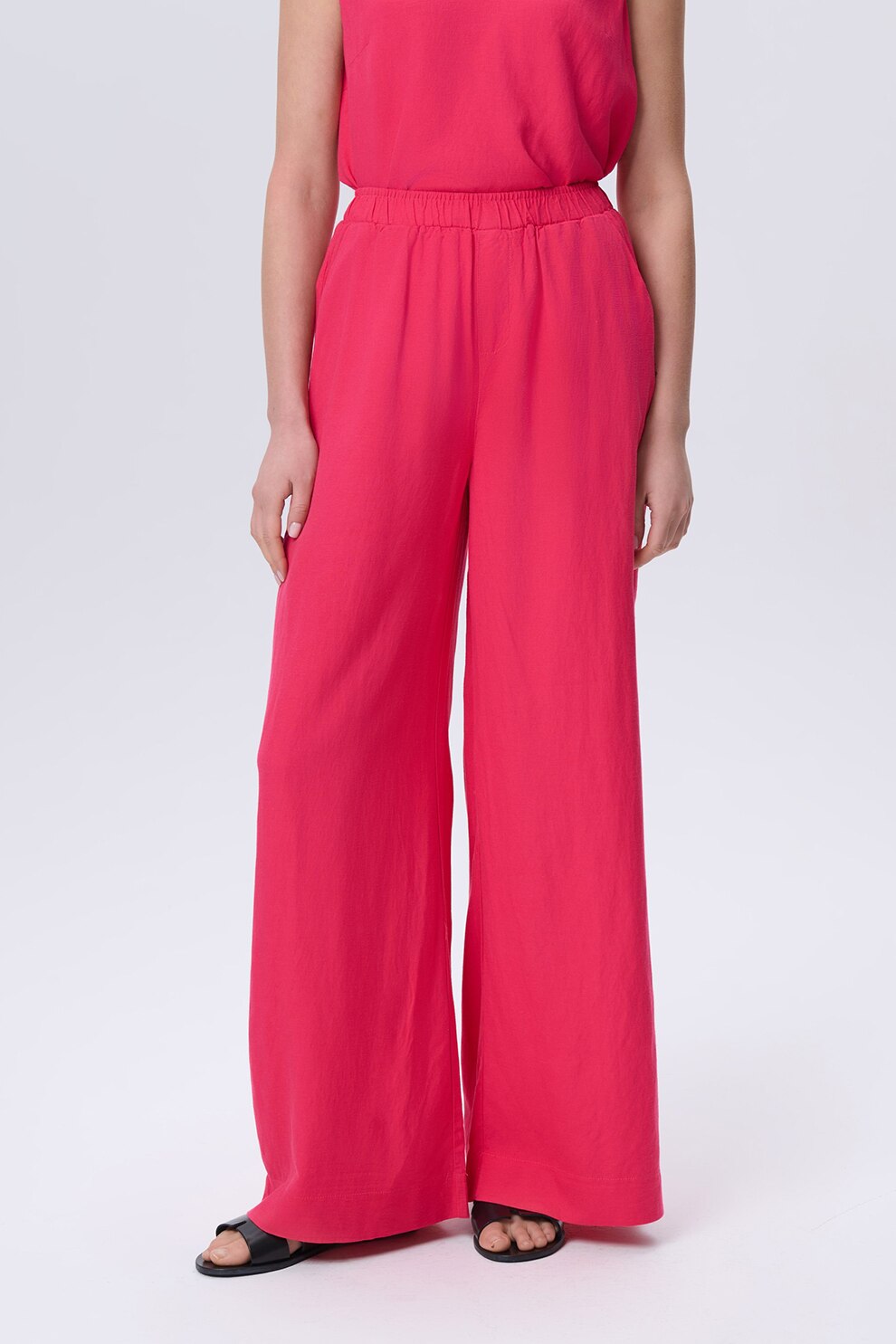 GreenPoint, Pantaloni ampli din amestec de in cu talie inalta, Roz aprins, 34