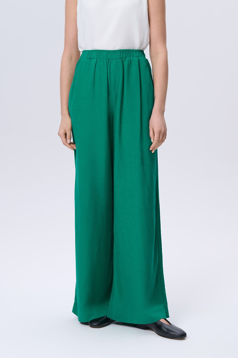 GreenPoint, Pantaloni ampli din amestec de in cu talie inalta, Verde englez, 34