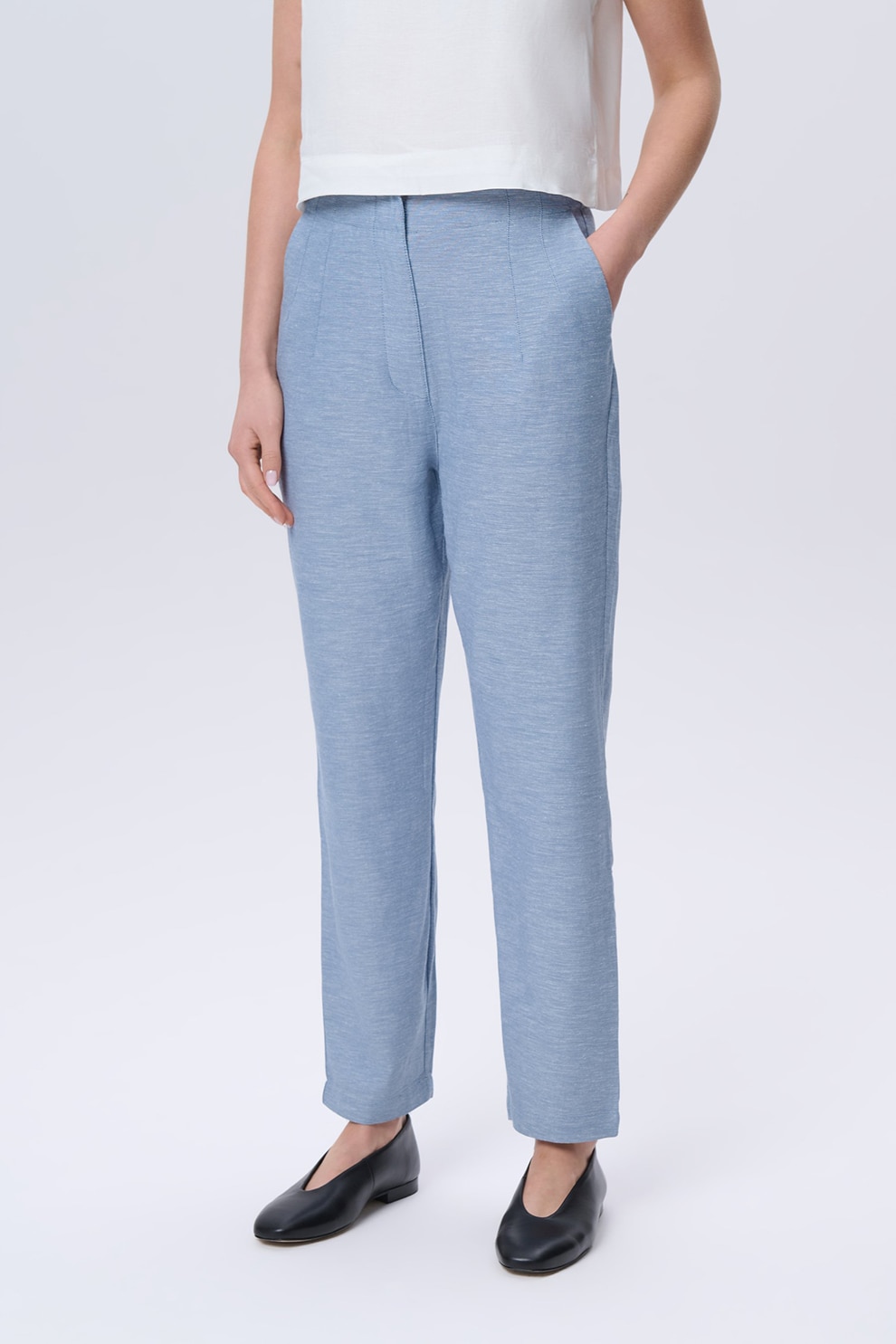GreenPoint, Pantaloni din amestec de bumbac cu talie inalta, Albastru pastel, 38