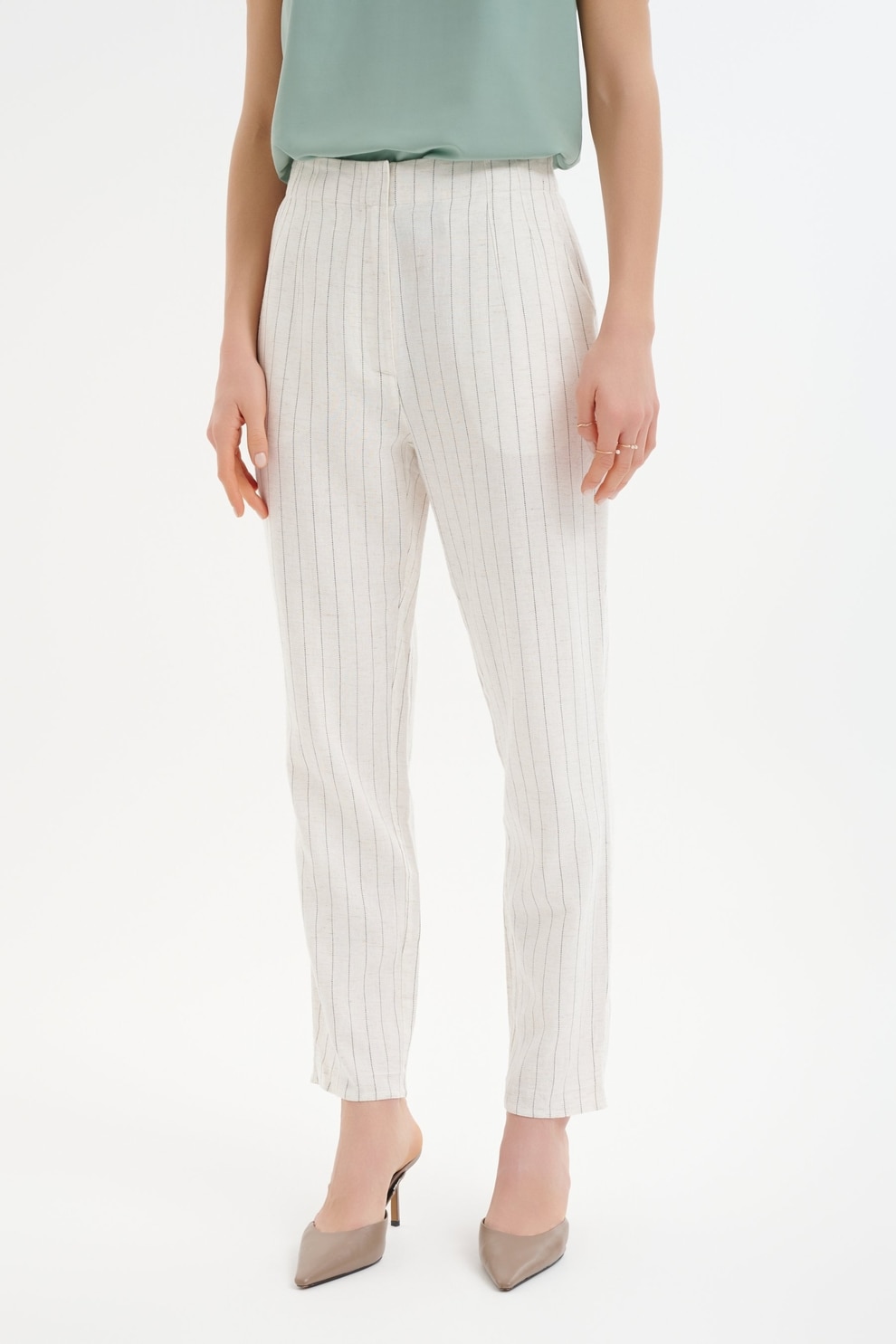 GreenPoint, Pantaloni din amestec de bumbac cu talie inalta, Alb, Gri, 42
