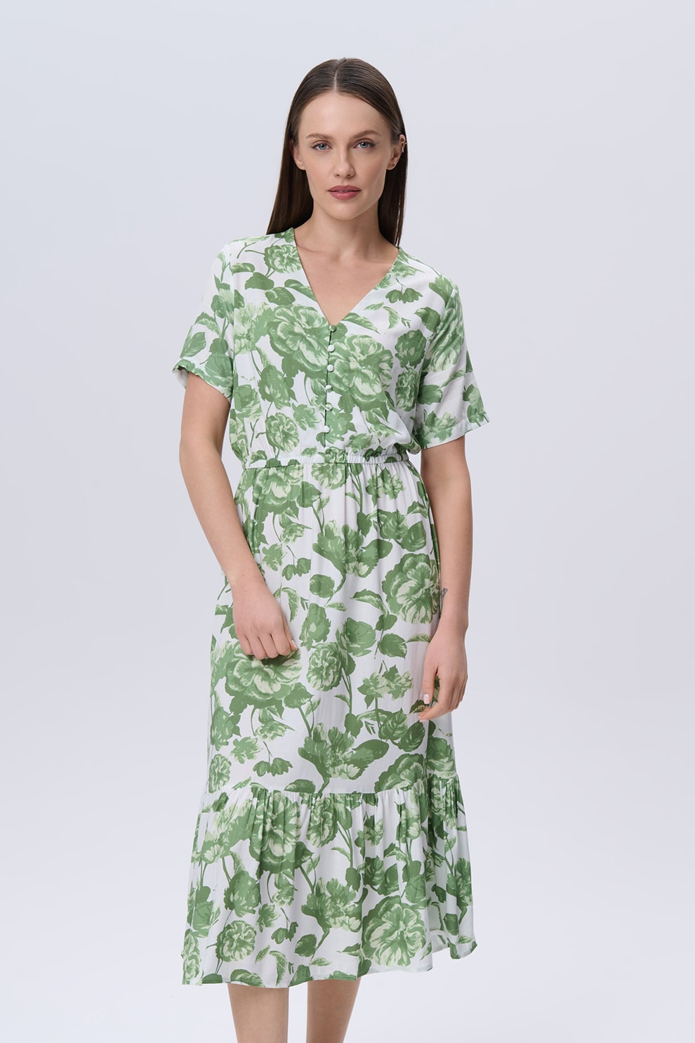 GreenPoint, Rochie midi vaporoasa, Alb murdar, Verde feriga, 34