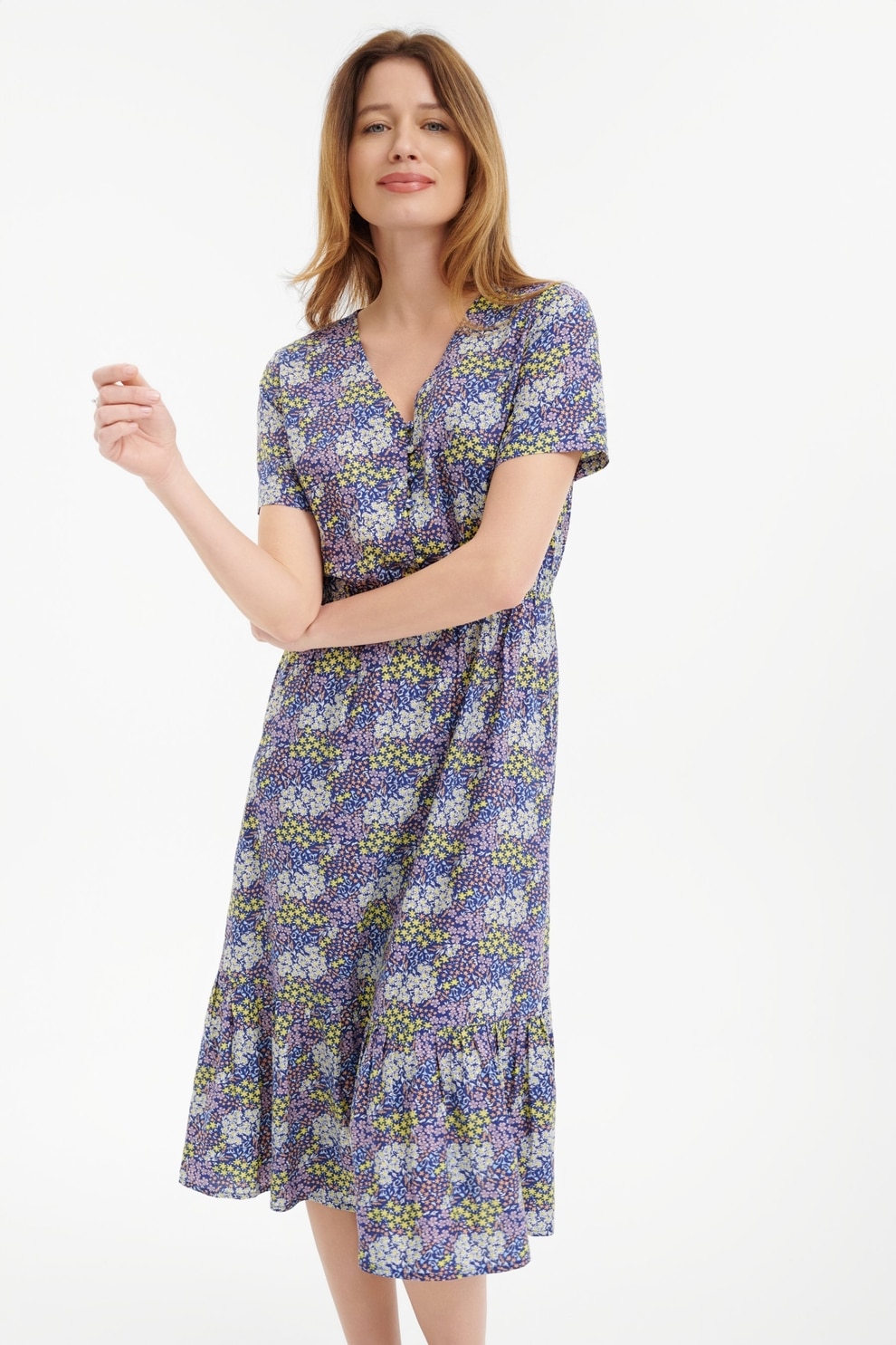 GreenPoint, Rochie midi vaporoasa, Galben, Lila, Albastru, 34