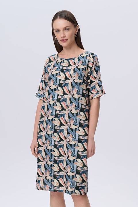 GreenPoint, Rochie-tricou cu imprimeu floral, Albastru azur/Bej deschis