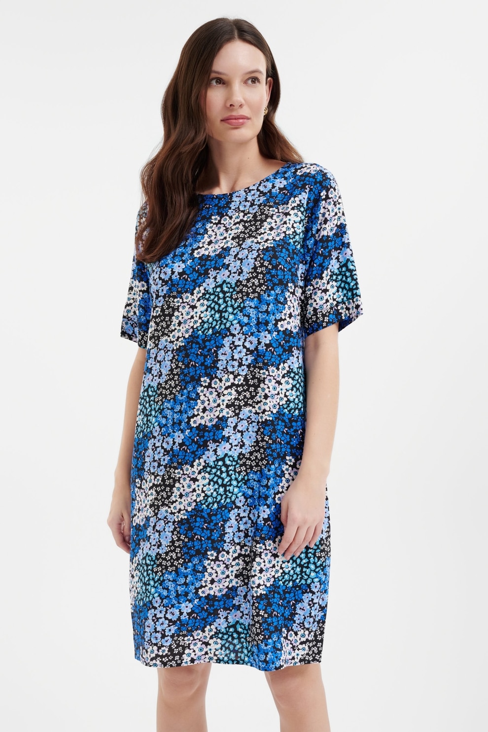 GreenPoint, Rochie-tricou cu imprimeu floral, Alb, Negru, Albastru, 36