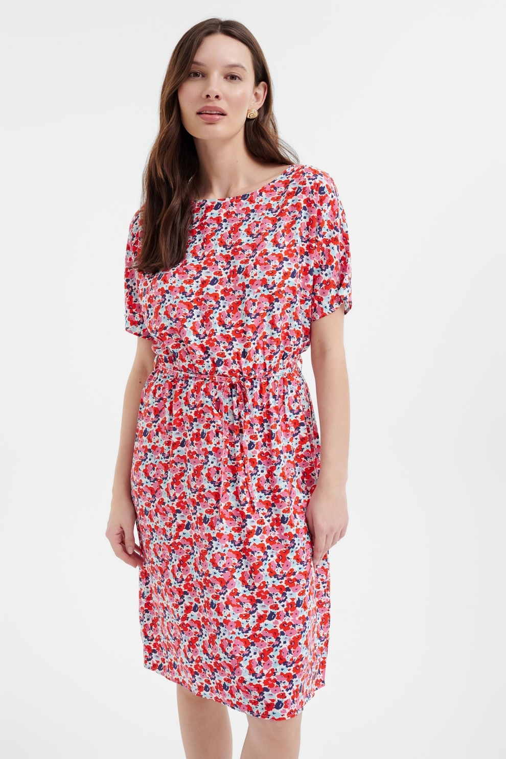 GreenPoint, Rochie cu cordon in talie si model floral, Rosu, Roz, Albastru, 34