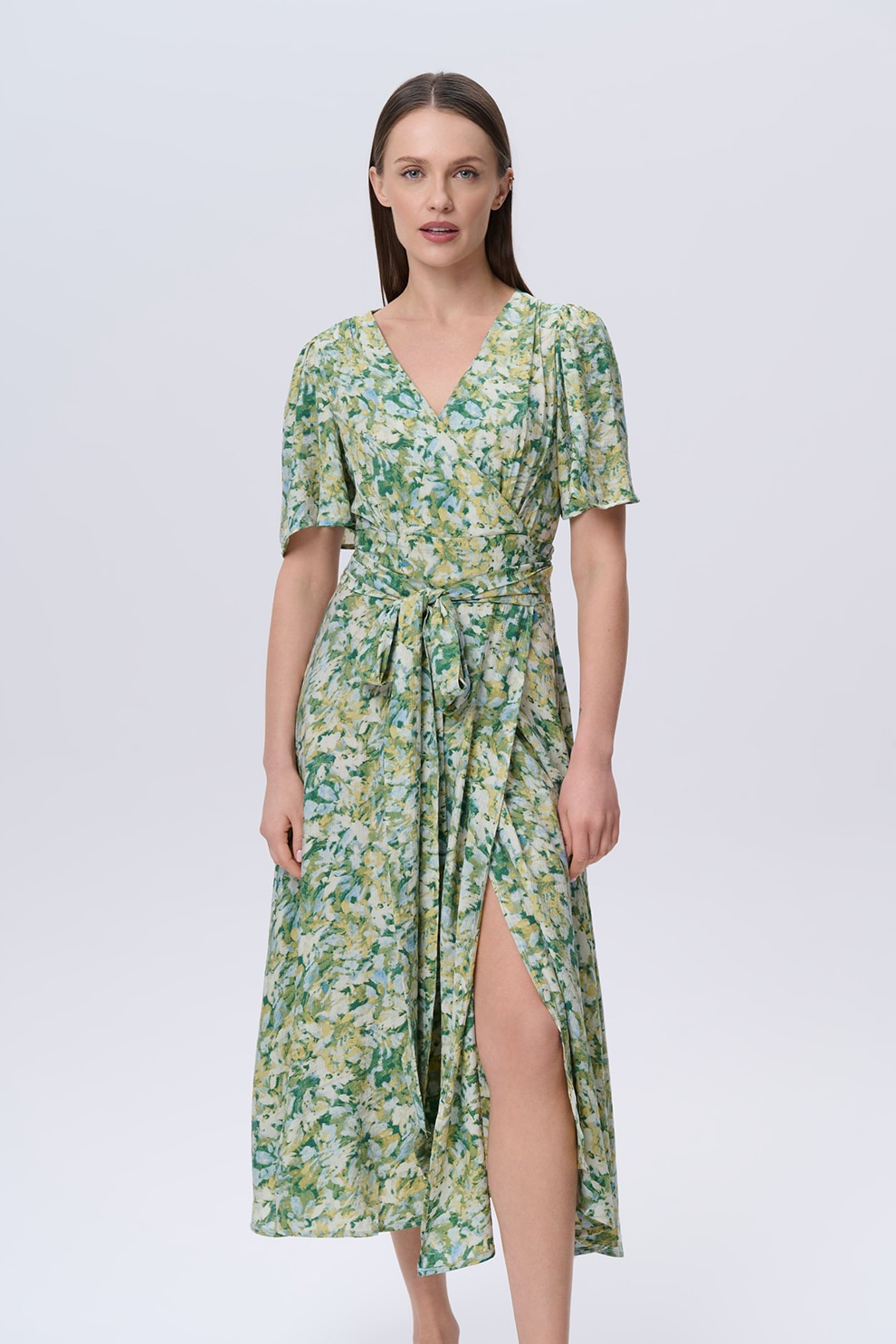 GreenPoint, Rochie cu decolteu in V si cordon asortat, Verde pal, Verde fistic, 42