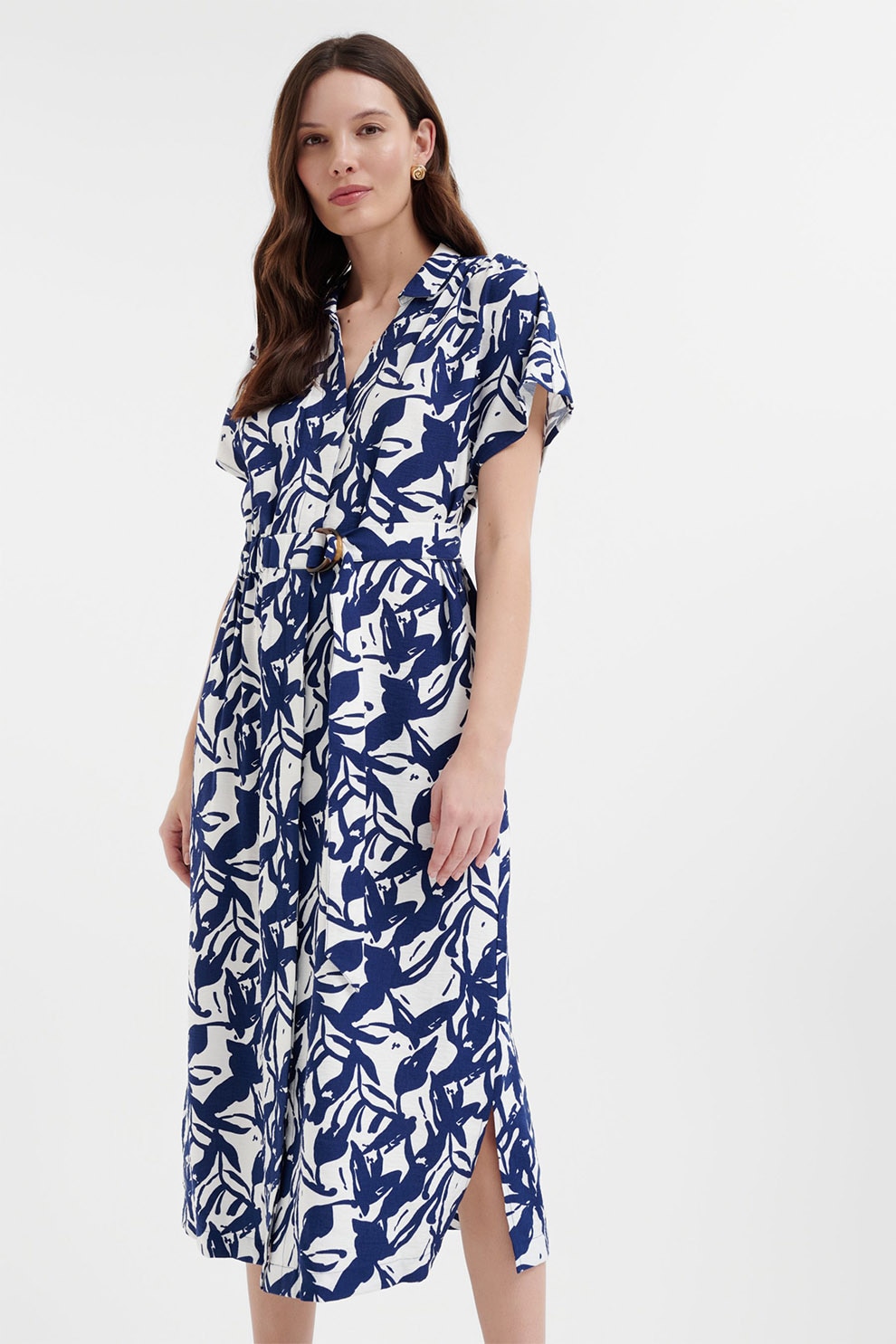 GreenPoint, Rochie midi petrecuta, Albastru inchis, Alb optic, 38
