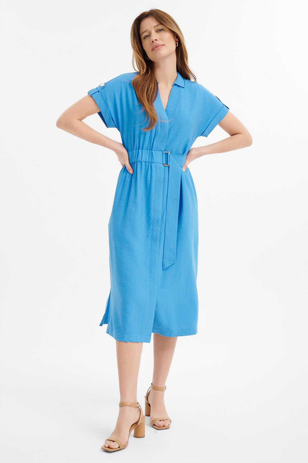GreenPoint, Rochie-camasa cu o curea, Albastru pastel, 34