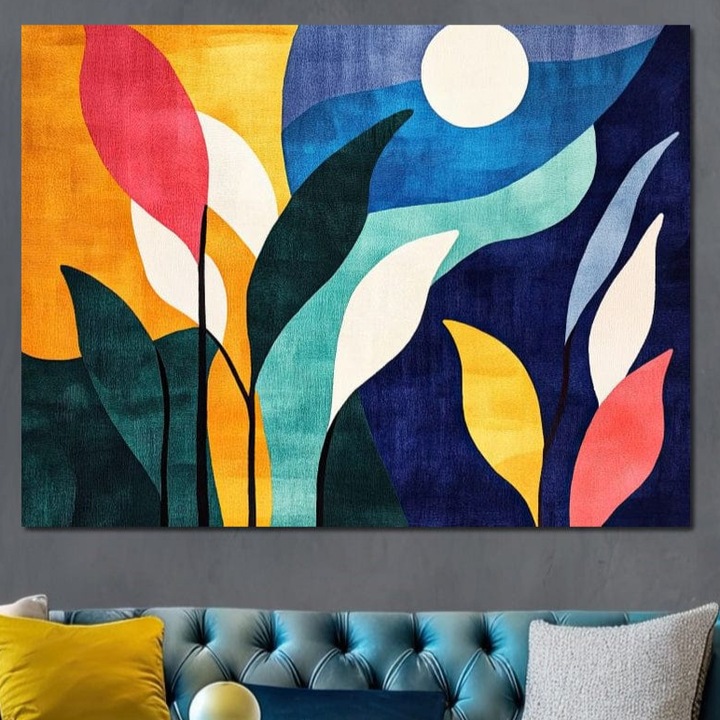 Премиум картина върху платно, LuxCanva® J1009, Под лунната светлина, 100 X 135 CM, 100% памучно платно 400g/m2, дървена рамка, нощ, тропически, градина, цветове, синьо, екосистема, хроматично, пейзаж, луна, слънце, хол, спалня