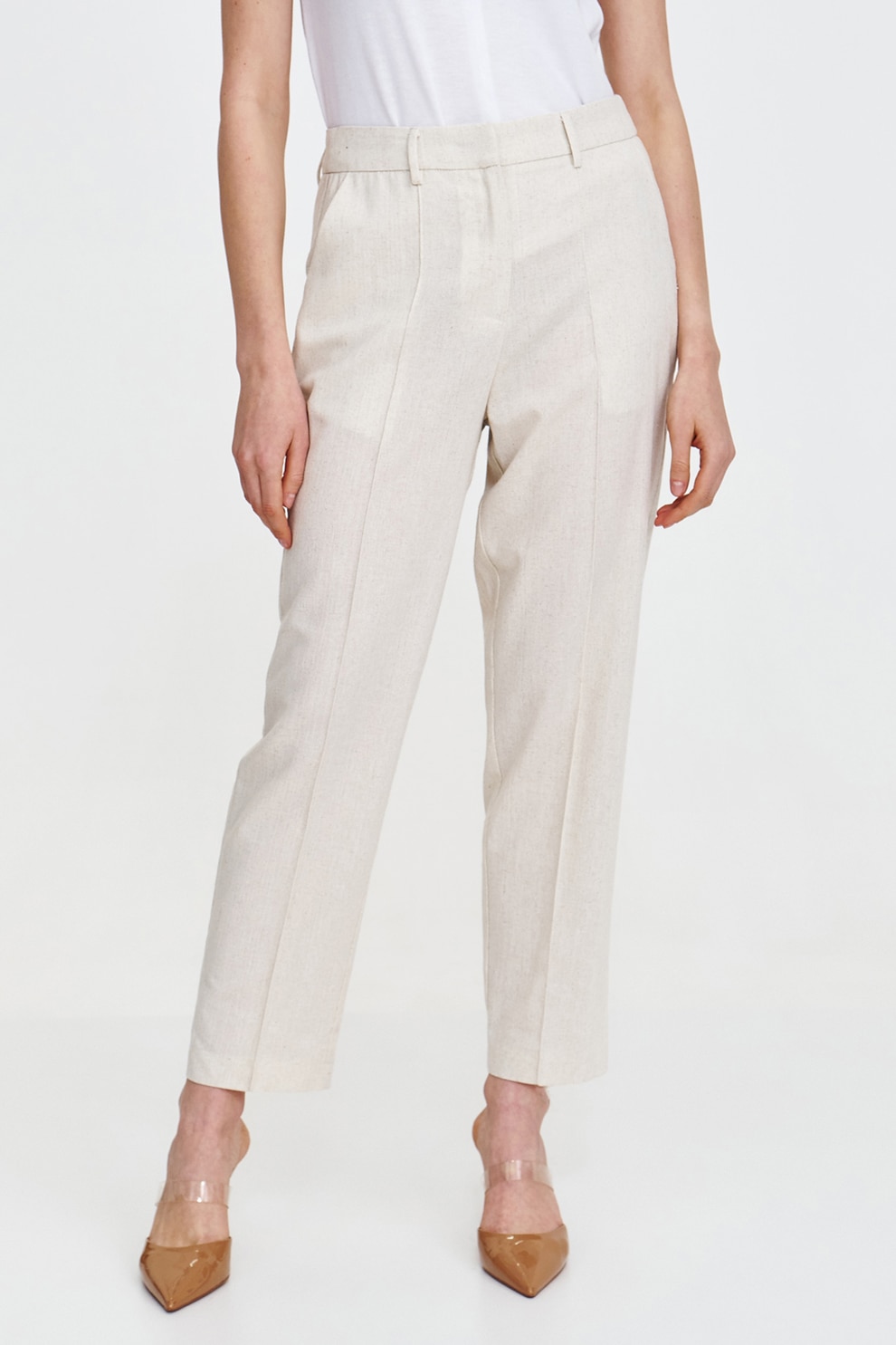 Top Secret, Pantaloni crop eleganti din amestec de in cu pensa, Alb murdar, 42
