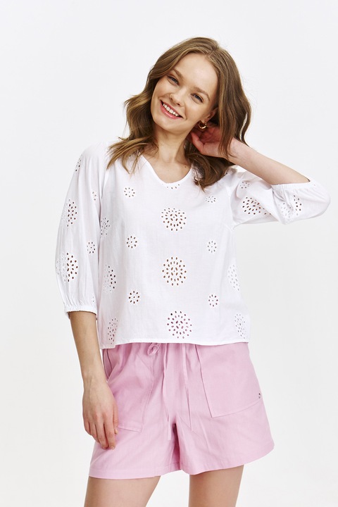 Top Secret, Bluza perforata cu decolteu in V si maneci medii, Alb, 34