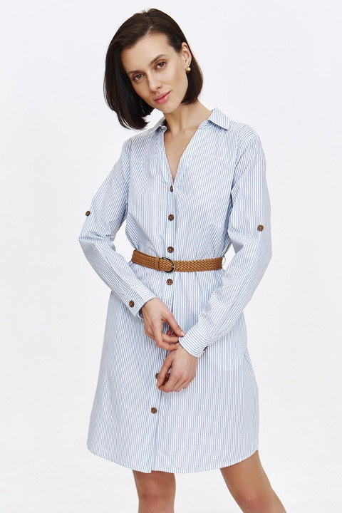 Top Secret, Rochie-camasa mini in dungi cu snur in talie, Alb/Albastru prafuit