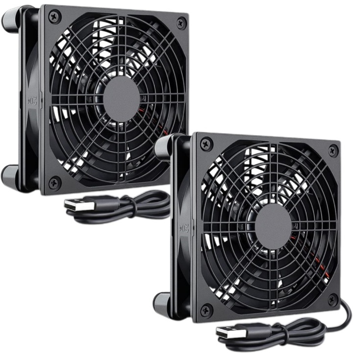 Комплект от 2 вентилатора за охлаждане на електроника, за DVR Xbox TV Box рутер, 3 скорости, USB захранване, 120x120x25 мм, черен