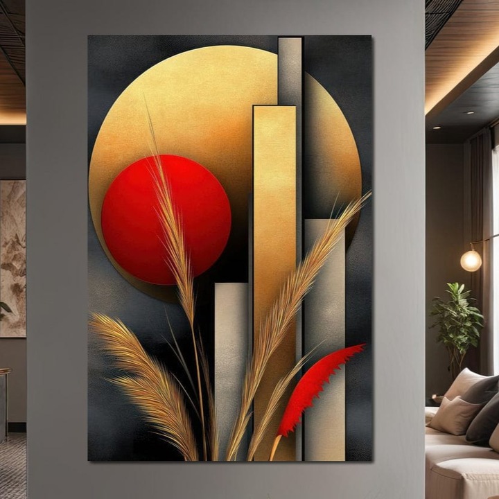 Премиум картина върху платно, LuxCanva® J1007, Есенен залез, 100 X 150 CM, 100% памучно платно 400g/m2, дървена рамка, Жътва, Злато, Есен, Есенции, Ботаника, Подправки, Хармония, Пшеница, Кръгове, Природа, Изтънчено, Хол, Спалня