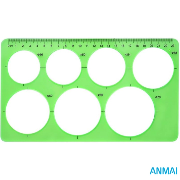 Sablon geometric rotund multifunctional, Anmai, pentru masurare si trasare, dart, birou, scoala, crafting, constructii, plastic verde deschis, rigla precisa, 25 x 14.5 cm