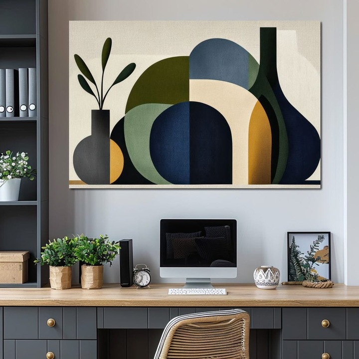 Премиум картина върху платно, LuxCanva® J1006, Силуети на растения, 40 X 60 см, 100% памучно платно 400 г/м2, дървена рамка, форми, спокойствие, природа, силуети, органично, простота, зелено, синьо, скандинавско, модерно, хол, спалня