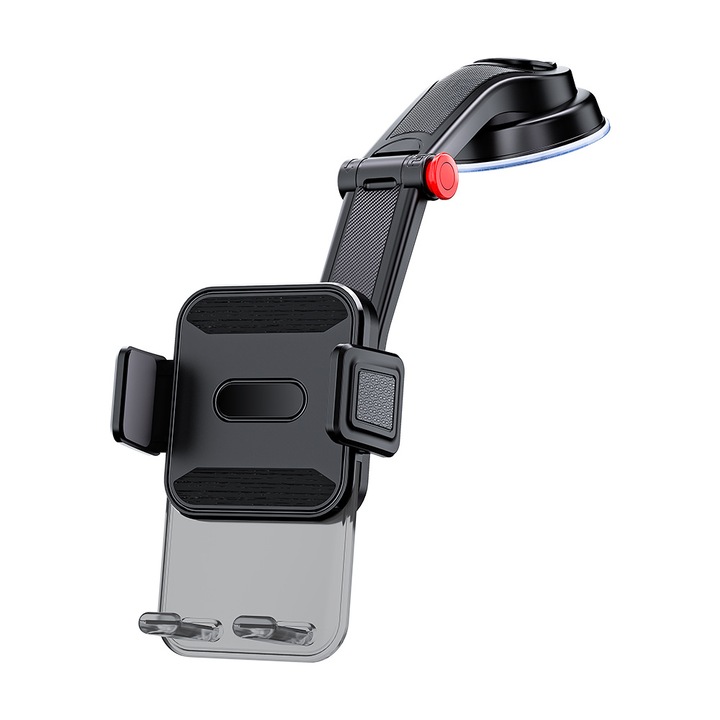 Telefontartó, Összecsukható hosszú karú autós állvány, bőrre, üvegre, műanyagra rögzíthető, 240 fokban állítható szög, csúszásmentes fa talp, szürke/fekete