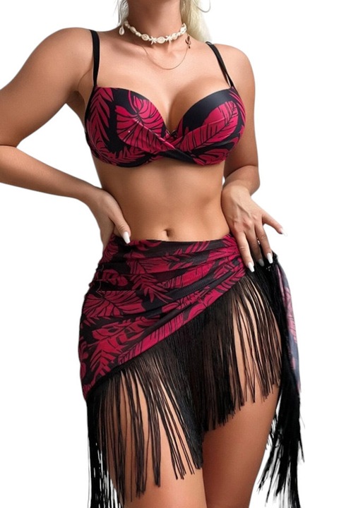 Бански, комплект от 3 части, регулируем сутиен, класически бикини с изрязан край и пола с ресни, лятна фентъзи тематика, EFAYN, Червен/Черен