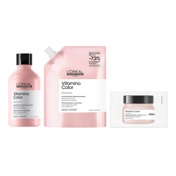Pachet sampon pentru par vopsit L’Oreal Professionnel Serie Expert Vitamino, pentru mentinerea culorii parului pentru un timp indelungat, formula cu Resveratrol, tehnologia antioxidanta, imbunatateste regenerarea fibrei, Sampon 300 ml + Rezerva, 500 ml