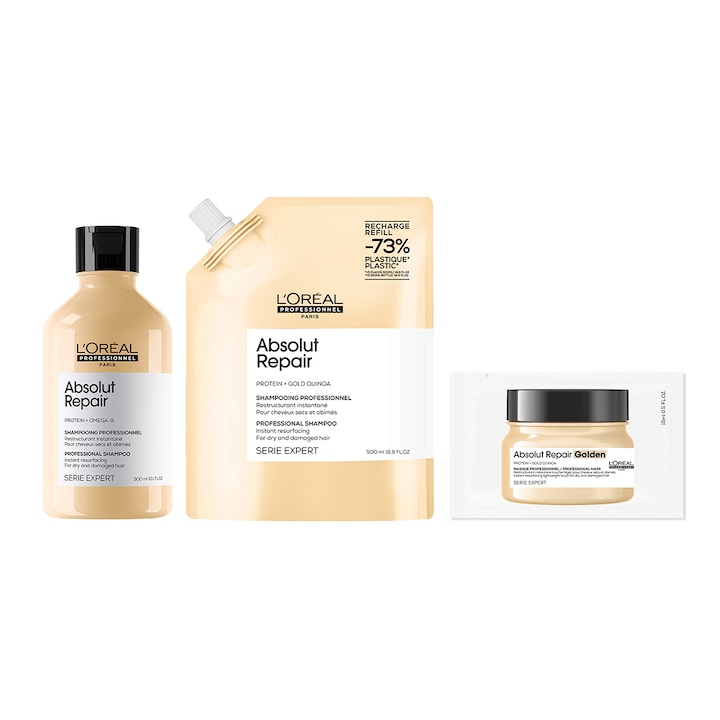 Топ 10 Шампоани И Комплекти за Възстановяване на Суха и Увредена Коса Комплект L'Oreal Professionnel Serie Expert Absolut Repair за суха и увредена коса, Златни трици от киноа и пшеничен протеин, Веган, Шампоан 300 мл + Пълнител 500 мл