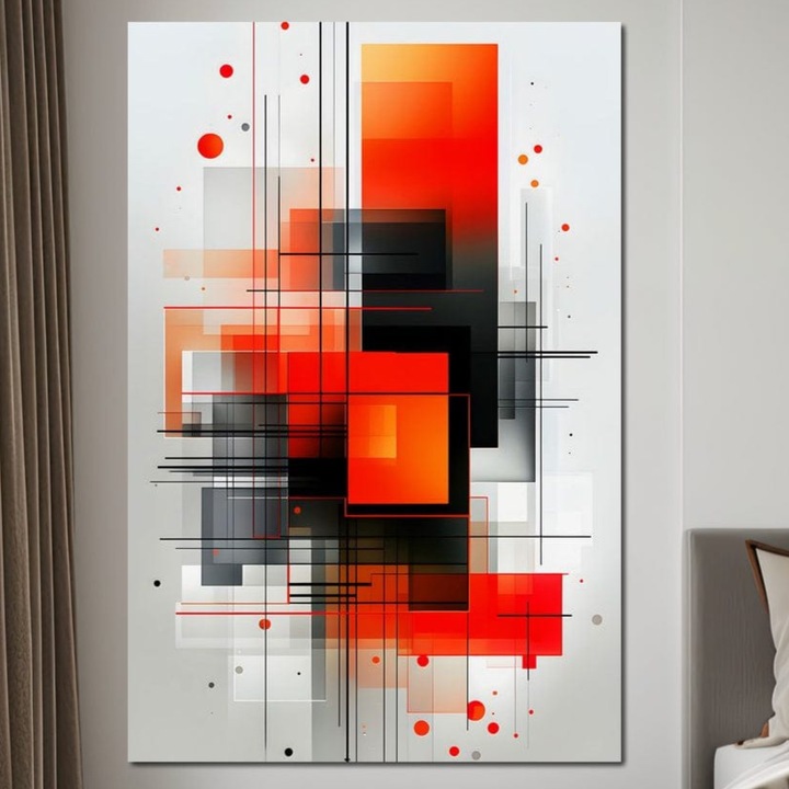 Премиум картина върху платно, LuxCanva® J1003, Метрополис в червено, 40 X 60 см, 100% памучно платно 400 г/м2, дървена рамка, структури, форми, решетки, линии, хармония, дигитален, технически, динамичен, хаотичен, индустриален, хол, спалня
