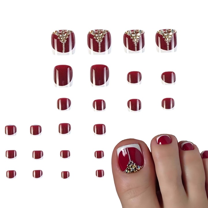 24 darabos TREXORA műköröm szett, piros, 3D díszítéssel és gyémántokkal, gél ragasztóval és eltávolító csíkokkal