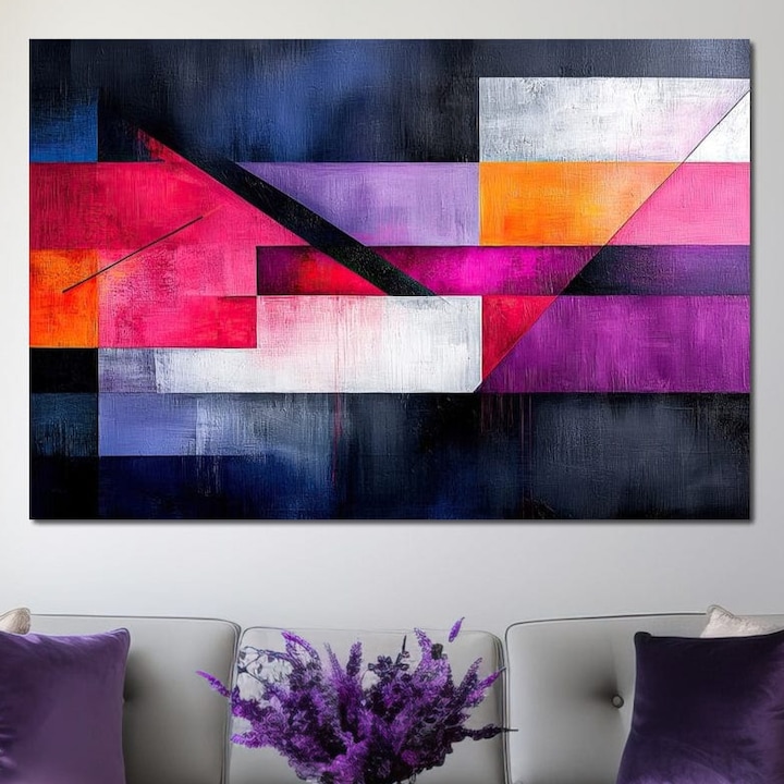Премиум картина върху платно, LuxCanva® J1002, Абстрактни хоризонти, 40 X 60 см, 100% памучно платно 400 г/м2, дървена рамка, фрагменти, хроматични, хоризонти, линии, лилаво, червено, експлозия, градски, изкуство, декор, хол, спалня