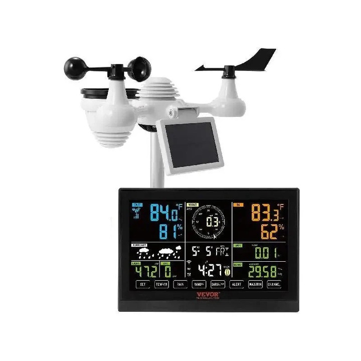 7 в 1 Wi-Fi метеорологична станция, слънчева, 7,5-инчов екран, черна, 150 м предаване
