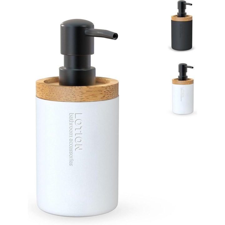 Dozator sapun lichid Chill House, finisaj lemn natural și polirasină, alb, 300 ml, 7,5x7,5x17 cm